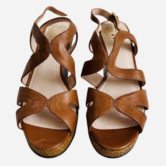 Vince Camuto Tan Brown Leather Espadrille Platform Wedge Sandals Size 6 - Picture 2 of 9